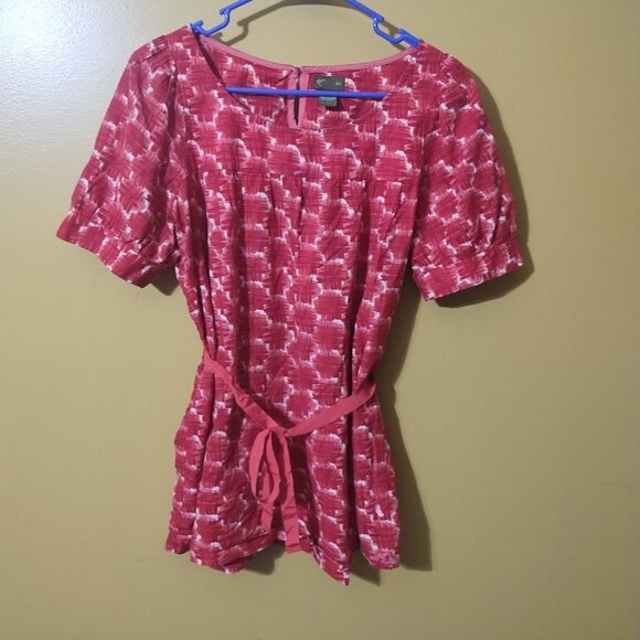 Fei Anthropologie Short Puff Sleeve Cotton Belted Smocked Blouse Size 8 Boho - Picture 1 of 4